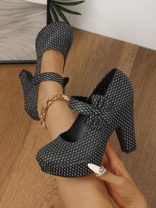 Zapatos de tacón alto con moño negro, bombas de plataforma gruesa impermeables, zapatos de novia - Negro - Ver 1