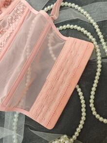 Lace Bustier Corset | Mesh Insert Spaghetti Straps Slim Fit Top - Pink - View 10