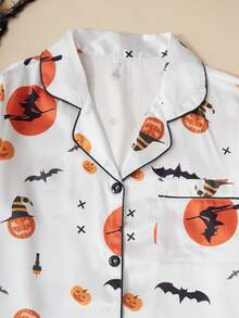 Halloween Pumpkin & Bat Print Pocket Front Button Long Sleeve Top & Pants Pajama Set For Women, Fall Winter Clothes - White - View 3