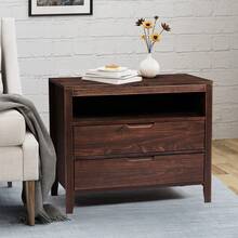 Drawer Cabinet, Side Table, Bedside Table, Storage Table, Brown P2 Density Board + Solid Wood Veneer Frame 75*40*61CM Two Drawers With Upper Compartment Bedside Table Mid-Century Modern - 棕色 - 查看 5