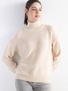 Damen Merino Wolle Blend Pullover 2025 Herbst Winter Rollkragen Loose Fit Langarm Strick Pullover