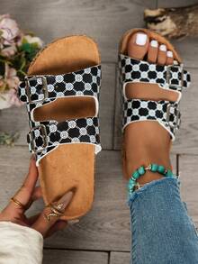 Women's Flat Sandals, Black & White Polka Dot Fashion Element, Soft Cork Bottom, Breathable Flat Summer Shoes, Latex Pad And Suede Lining, Arch Support Flat Slippers, Suitable For Beach, Vacation And Home Relaxation