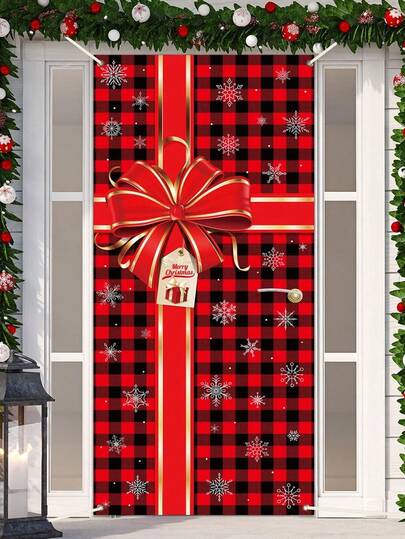 Christmas Door Decor Banner, Bow Gift Box Style Banner, Porch Hanging Decor, Suitable For Christmas Holiday Party Decor, Winter Decor, Christmas Decoration
