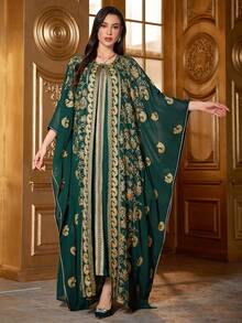 Women's Elegant Long Sleeve Embroidered Dress With Bat Sleeves, Arabic Style Two Pieces Set - Dark Green - View 1