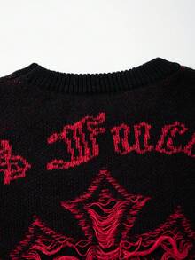 Men's European & American Street Cross & Letter Double-Sided Jacquard Pattern Crew Neck Long Sleeve Pullover Sweater, Casual Loose Versatile Top, Suitable For Spring, Autumn & Winter - Black - View 9