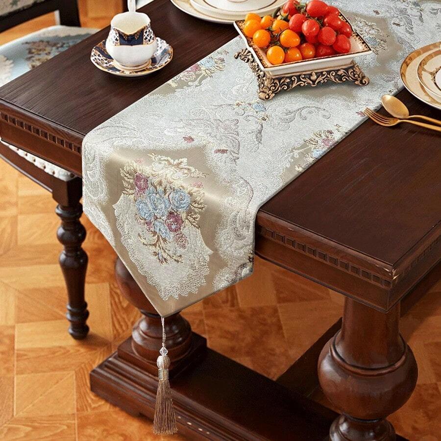 HeMiaor Exquisite Table Runner With Chenille And Elegant Chic Jacquard Textured Damask Design With Beaded Tassels For Daily Decoration 120 Inches Long Beige - 米色 - 查看 1