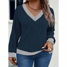 Women Plus Size V-Neck Color Block Ribbed Trim Soft Loose Knit Sweatshirt, Autumn/Winter Graduation,Back To School Outfits,Graduation,Teacher Outfits For Women,Back To SchoolPulloverFall Outfit - Navy Blue-1 - View 3