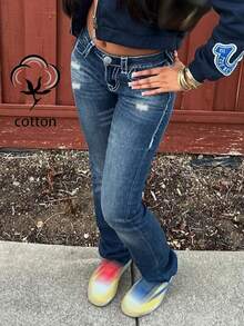 Retro Fitted Mid-Waist Washed Skinny Jeans, Casual, Fashionable, Minimalist, Versatile Women's Denim Pants - Dark Wash - View 5