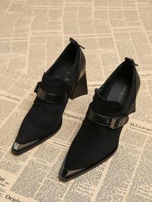 2025秋季新款优质热销女士优雅黑鞋粗跟复古欧美风尖头百搭高跟鞋秋冬时尚女鞋 - 黑色 - 查看 2