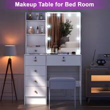 80cm White LED Vanity Set, Color Dimmable Mirror & Cushioned Stool, Multi-Drawer Makeup Table, White Dressing Table With Sliding Mirror & Shelves For Bedroom, Girls Cosmetic Organizer - trắng - Xem 9