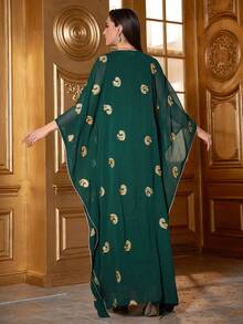 Women's Elegant Long Sleeve Embroidered Dress With Bat Sleeves, Arabic Style Two Pieces Set - Dark Green - View 3