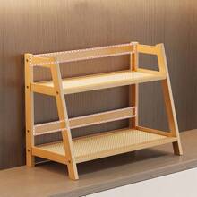 1pc Vintage Freestanding Tabletop Storage Rack, Dual-Tier Shelf, New Chinese Style Multi-Purpose Storage Rack, Kitchen Organizer, Living Room Storage And Organization, High-End Dish Rack, Tea Cup Coffee Mug Organizer, Spice Rack, Display Shelf, Woven Rattan Panel, Quick Draining, Breathable And Moisture-Proof, Suitable For Kitchen, Bathroom, Office, Bedroom, Balcony Decor