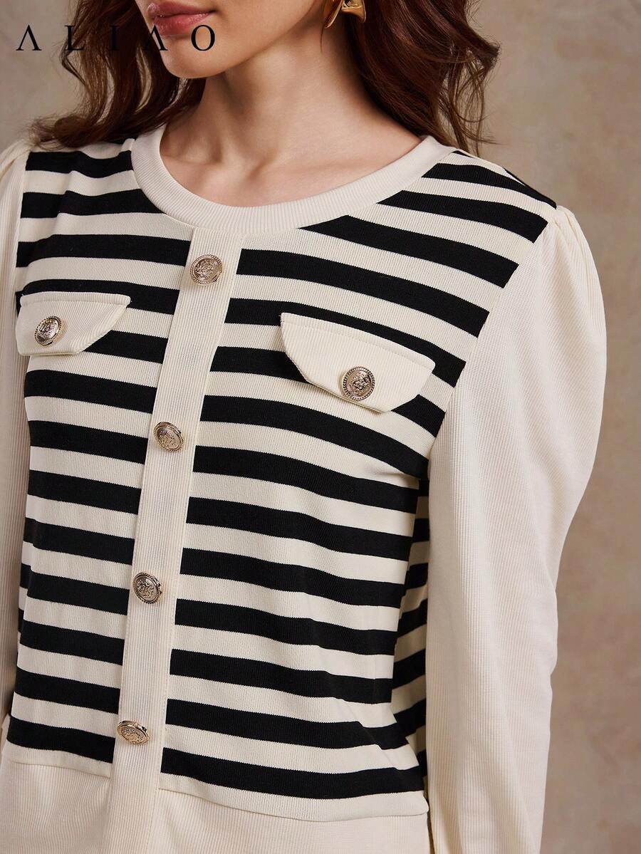 Aliao High-End Striped Fake Buttons Crewneck Pullover, Court Style, Halloween, Business Casual Woman, Valentine's Day, Elegant Ladies, Fall & Winter, Old Money Style - Multicolor - View 1