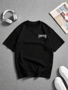 Camiseta de manga corta y cuello redondo con estampado de ángel de la guarda para chicos adolescentes, ropa de uso versátil para diario - Negro - Ver 2