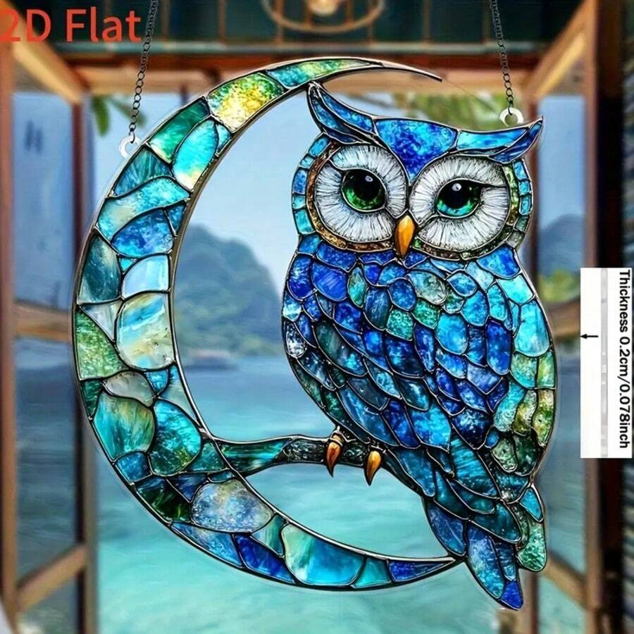 2D flacher Mond Eule Lichtfänger, 20 cm x 18 cm 2D Tiermotiv robuste Acryl Wanddekoration, geeignet für Auto, Wand, Garten, Veranda, Schlafzimmer, Büro, Außenterrasse, ideales Einweihungsgeschenk für Vogelliebhaber, Landhausstil Dekoration