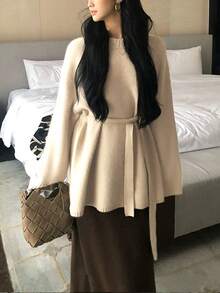 Alicedudu Women's Elegant Long Pullover With Waist Belt Design, Autumn/Winter - Apricot - View 4