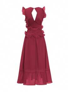 Unadoll Women's Casual Vacation Deep V Sexy Backless Ruffle Hem Dress, Suitable For Beach, Travel, Daily Life, Date, Music Festival And Back To School - Burgundy - View 4