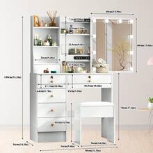 80cm White LED Vanity Set, Color Dimmable Mirror & Cushioned Stool, Multi-Drawer Makeup Table, White Dressing Table With Sliding Mirror & Shelves For Bedroom, Girls Cosmetic Organizer - trắng - Xem 10