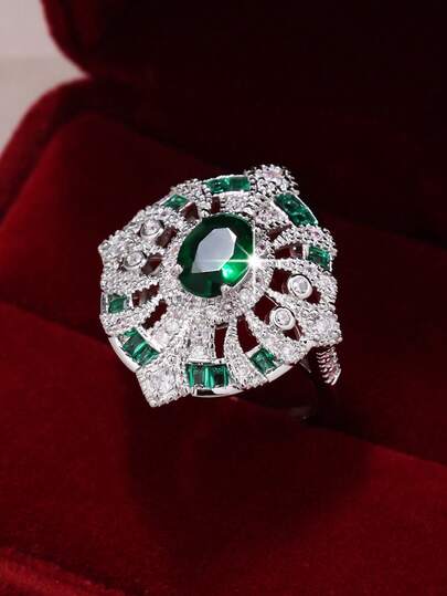1 pieza Anillo ovalado vintage intrincado y único - Diseño minimalista y lujoso con acentos de rhinestone verde esmeralda, adecuado para compromiso, boda, aniversario o uso diario casual para hombres y mujeres - Joyería para ocasiones especiales