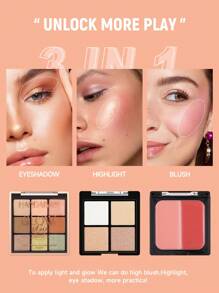 Disco de sombra de ojos, iluminador y rubor en combinación de tres capas, con acabados perlados, mate y brillante. Ideal para maquillaje diario y de festivales musicales, de larga duración. Una sola paleta con múltiples usos, esencial para viajes, fácil de llevar y ahorra espacio.