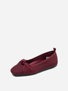 Women Bowknot Ballet Flats Shoes Comfortable Knitwear Slip On For Working Walking And Casual Wearing - 酒紅色 - 查看 1