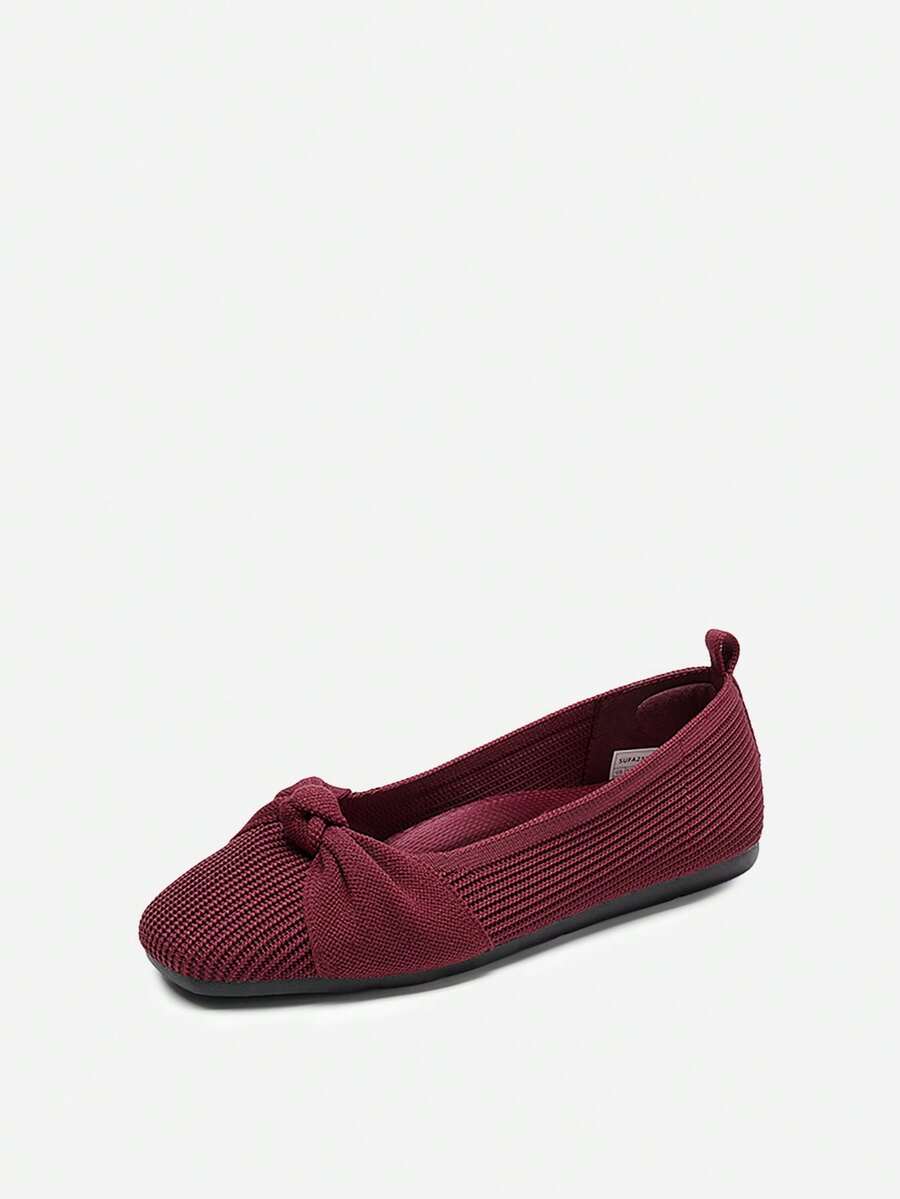 Women Bowknot Ballet Flats Shoes Comfortable Knitwear Slip On For Working Walking And Casual Wearing - 酒紅色 - 查看 1
