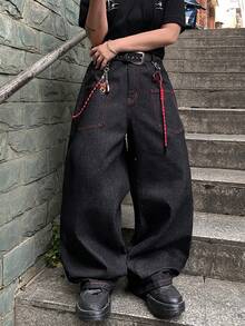 1件复古美式风格男士刺绣阔腿牛仔裤，个性化口袋，宽松休闲牛仔裤（不含腰带和配饰） - 黑色 - 查看 7