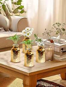 1個迷你金色風格浮雕紋理陶瓷金色小花瓶，桌面花卉擺設風格家居工藝婚禮家飾花盆