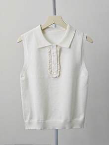 复古风格 Polo 领无袖针织上衣，时尚修身背心 - 白色 - 查看 6