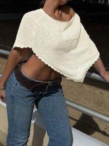 ملابس علوية كاجوال صيفية كبيرة الحجم للنساء ذات لون أحادي وطبعة حرف محظوظ بأكمام خفافة، ملابس علوية محبوكة شبكية مفرغة مناسبة للعطلات والشاطئ مع حافة غير متماثلة