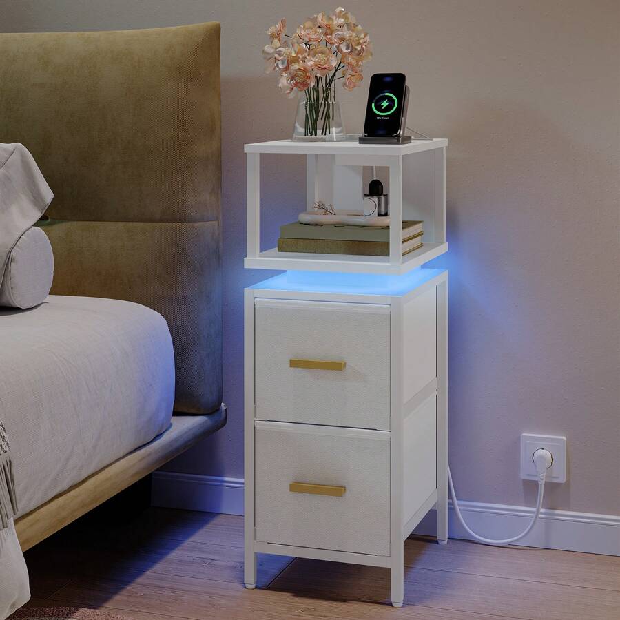 Mesita de Noche, Mesillas de Noche con Luces RGB y Estación de Carga, 2 Cajones, Mesa Auxiliar, con Estante Abierto para Dormitorio, Sala de Estar Moderno 30,2 x 24 x 67 cm Blanco