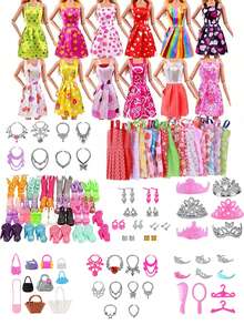 60 件女孩娃娃节日礼物玩具配件，30 厘米娃娃/11.5 英寸娃娃 10 件随机时尚连衣裙、10 双随机鞋子、10 个包、4 个皇冠、10 条项链、10 个耳环，适合 11 英寸娃娃、娃娃服装、大娃娃、小娃娃、衣服、房子、配饰、娃娃服装、娃娃服装、娃娃服装、娃娃配饰、娃娃配饰 - 彩色 - 查看 4