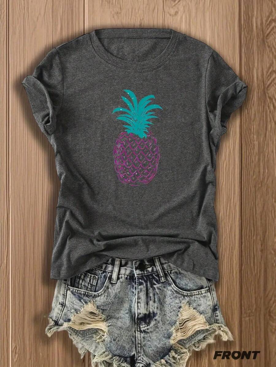 1PC, Women'S Pink T-Shirt With Pineapple Graphic - Soft Blend, Short Sleeve, Round Neck, Casual Summer Top, Perfect For Beach Or Vacation Outfits, Casual Summer Top |   Pineapple Graphic Tee |   Blend FabricS-XXL - 灰色 - 查看 1