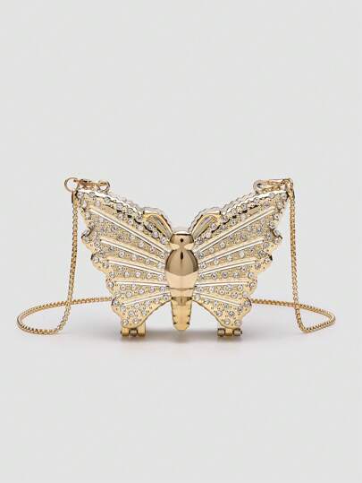 1 件迷你金属金色/银色闪光水钻蝴蝶手拿包，多功能装饰女士个性化时尚化妆包，珠宝/耳机收纳，送给女性的礼物，适合情人节、派对、婚礼、约会，可用作单肩包/斜挎包，优雅的女士零钱包