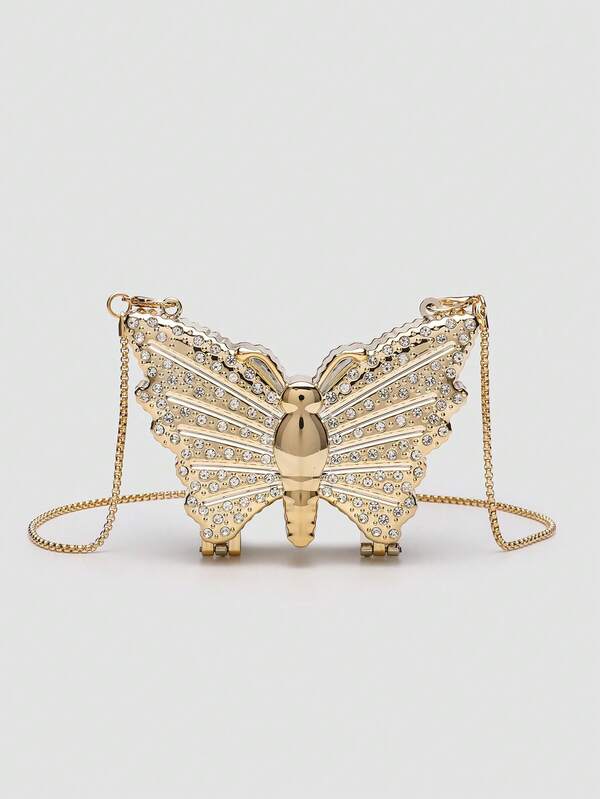 1pc Mini Metallic Gold/Silver Glitter Rhinestone Butterfly Clutch Bag, Multifunctional Decorative Women's Personalized Fashion Makeup Bag, Jewelry/Earphone Storage, Gift For Women, Suitable For Valentine's Day, Party, Wedding, Date, Can Be Used As Shoulder Bag/Crossbody Bag, Elegant Women Coin Purse , Gold Bag