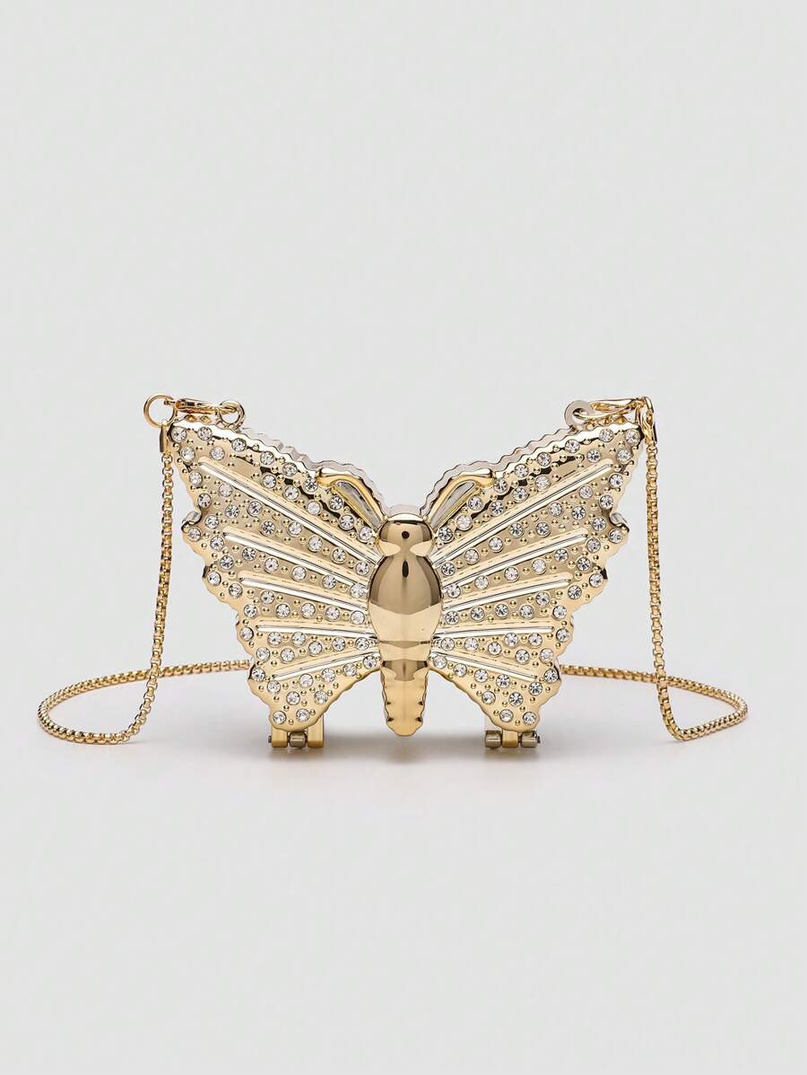 1pc Mini Metallic Gold/Silver Glitter Rhinestone Butterfly Clutch Bag, Multifunctional Decorative Women's Personalized Fashion Makeup Bag, Jewelry/Earphone Storage, Gift For Women, Suitable For Valentine's Day, Party, Wedding, Date, Can Be Used As Shoulder Bag/Crossbody Bag, Elegant Women Coin Purse , Gold Bag - Gold - View 1