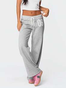 Women Y2K Number Printed Sweatpants Drawstring Elastic High Waist Straight Leg Baggy Pants Loose Workout Joggers Casul Trousers - 灰色 - 查看 2