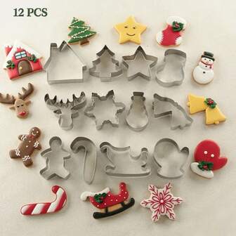 12pcs/Set Stainless Steel Christmas Cookie Cutters, High Quality Cookie Molds For Baking - Christmas Tree, Stocking, Gingerbread Man, Star, Snowflake, Snowman, Candy Cane, Sleigh, House, Bell Shapes, Favorite Holiday Baking Fun