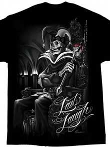 Men's Cotton T-Shirt - "The Last Laugh" King Clown Skull Art T-Shirt, Mexican Chicano Style Clothing, Street Style Gangster Suit,  Casual Style Top, Local Delivery, Gift To Friends - màu đen - Xem 1