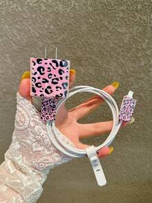 4-Piece Leopard Print Charger & Data Cable Protective Case Set, Compatible With IPhone 11/12/13/14/15/16 Pro Max - Pink - View 2