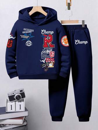 Set med varm huvtröja och mjukisbyxor för tween-pojkar och tecknat tryck