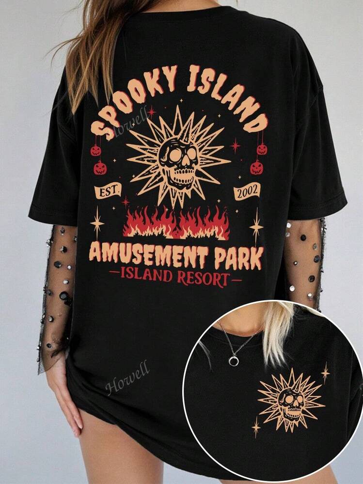 Howell Women's Plus Size Casual Short Sleeve Crewneck T-Shirt | Halloween Skull Print Graphic Tee | Versatile All-Season Top - Soft Stretchy Comfortable Fabric