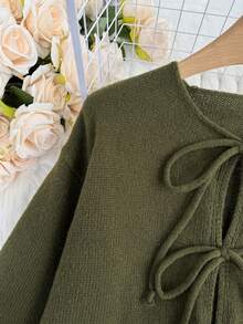 [Áo] Áo khoác cardigan tay dài xoắn phía trước màu trơn, tối giản, trang phục công sở, cổ điển, đơn giản, phong cách Pháp, áo khoác cardigan dệt kim màu trơn buộc eo phía trước cho nữ, có thể mặc ngoài áo cánh, áo khoác cardigan cỡ lớn dễ thương - Xanh lá cây 1 - Xem 5