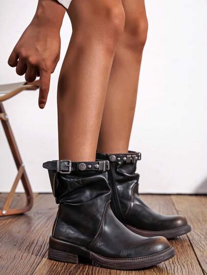 Wear With Tops, Unisex Boots Women's Black Combat Low Heel Boots Match Any Jeans