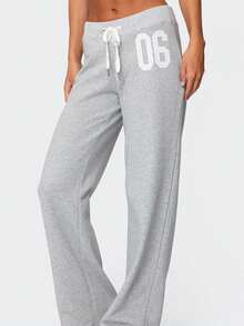 Women Y2K Number Printed Sweatpants Drawstring Elastic High Waist Straight Leg Baggy Pants Loose Workout Joggers Casul Trousers - 灰色 - 查看 4