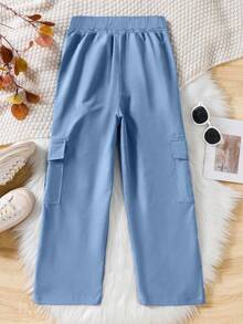 1pc Tween Girls' Fashionable Solid Color Casual Loose Cargo Pants With Multiple Pockets, Spring/Autumn - Dusty Blue - View 2