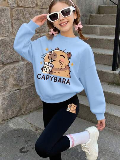 2 - Piece Set Girl Cute Casual Cartoon Capybara Print Sweatshirt & Leggings Set, Soft Skin - Friendly Spring Autumn Daily School Wear