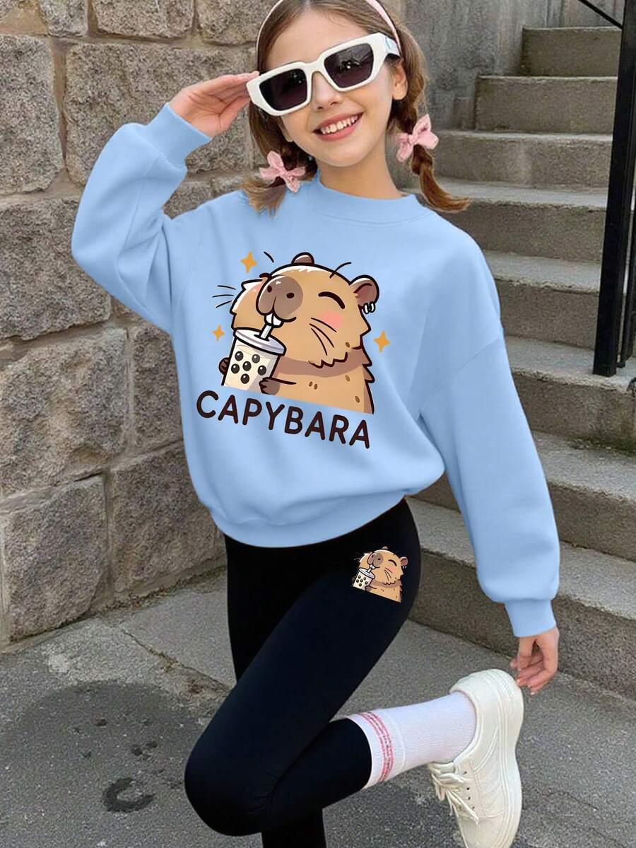 2 - Piece Set Girl Cute Casual Cartoon Capybara Print Sweatshirt & Leggings Set, Soft Skin - Friendly Spring Autumn Daily School Wear - Blue - View 1