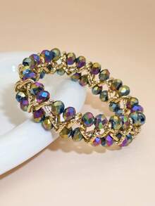 1pc Handmade Beaded Bracelet With Bright Crystal & Aluminum Chain, Reversible Design, Suitable For Women, Party, Wedding, Beach, Holiday, Classic & Fashionable Gift