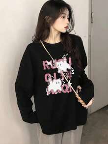 女士宽松字母印花棉质长袖T恤，适合春秋季节穿着 - 黑色 - 查看 2